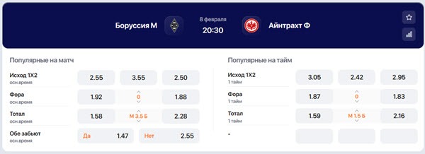 Коэффициенты Winline на матч Боруссия Менхенгладбах - Айнтрахт