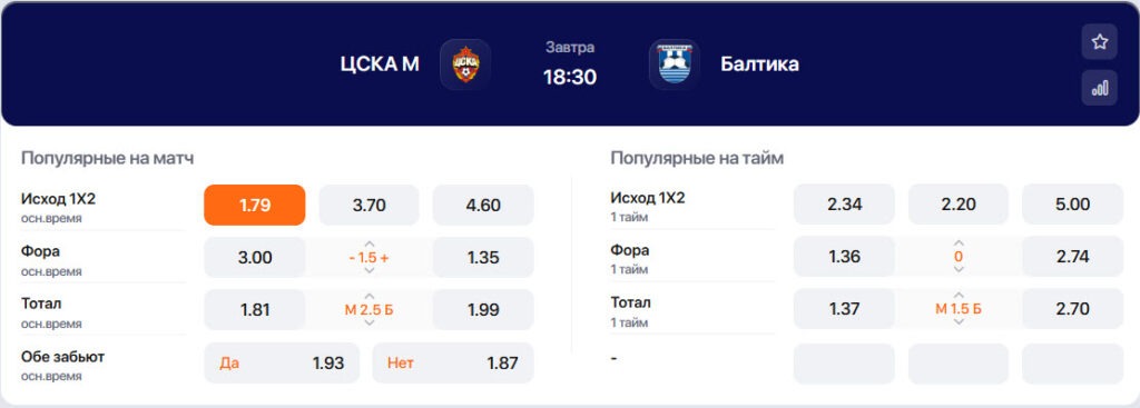 ЦСКА – Балтика: прогнозы БК