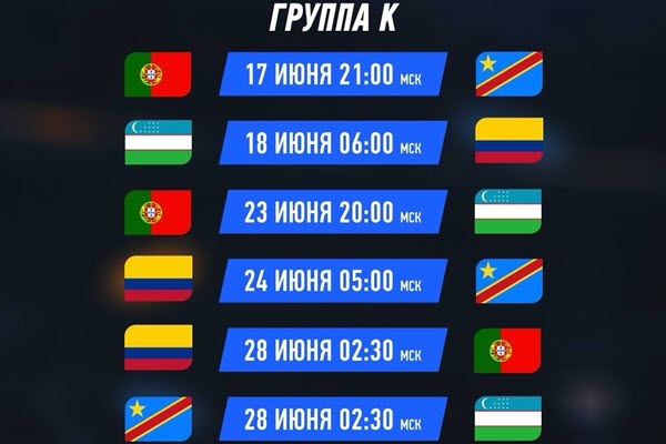ЧМ-2026 Группа K: Португалия, Колумбия, ДР Конго, Узбекистан