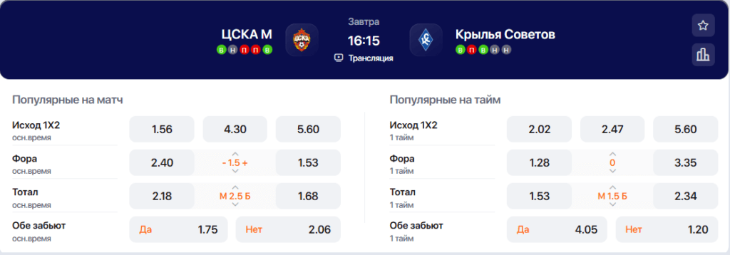 Коэффициенты на матч ЦСКА - Крылья Советов