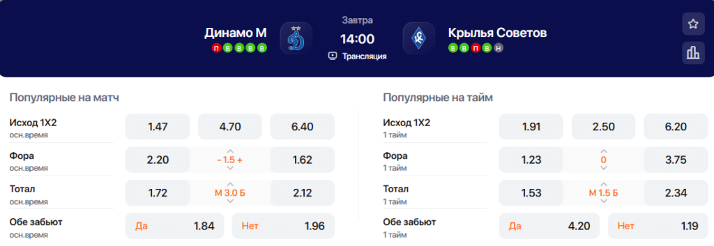 Коэффициенты на матч Динамо - Крылья Советов