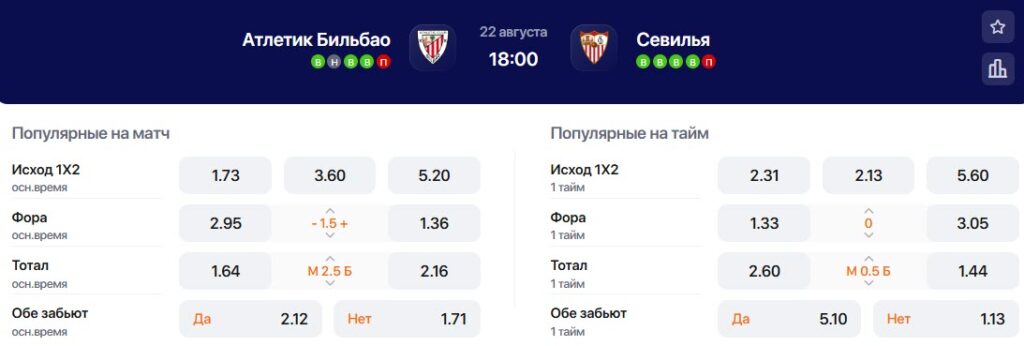Коэффициенты на матч Атлетик Бильбао - Севилья