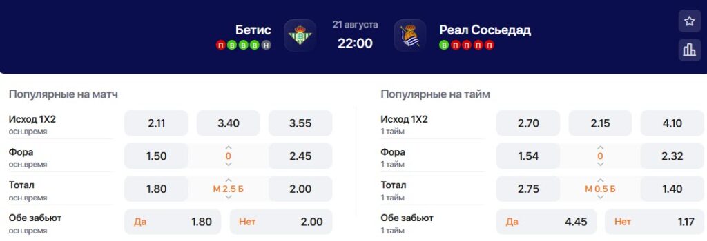 Коэффициенты на матч Бетис - Реал Сосьедад