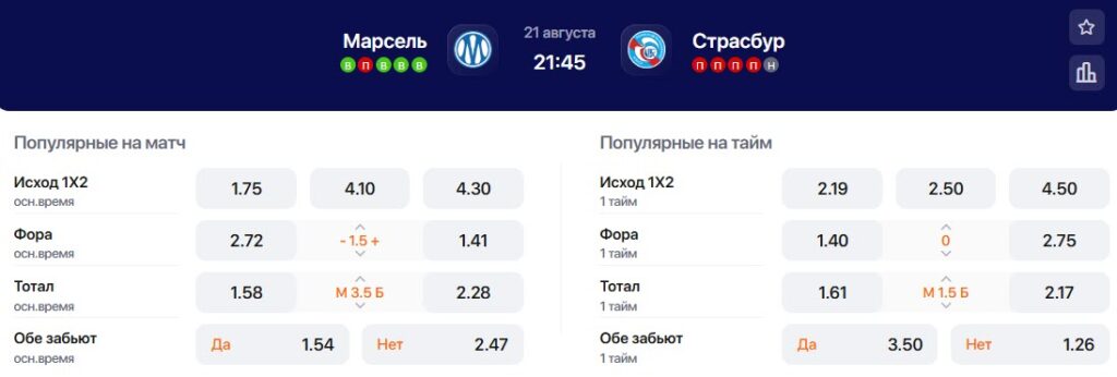Коэффициенты на матч Марсель - Страсбур