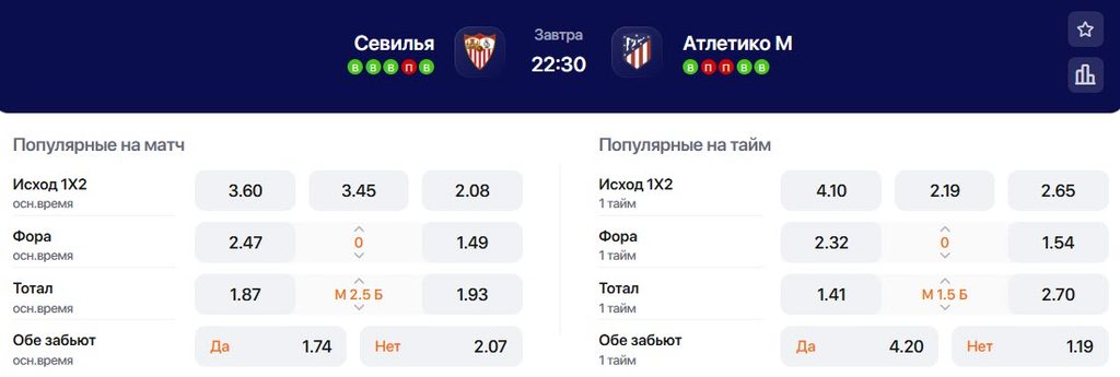 Коэффициенты на матч Севилья - Атлетико Мадрид