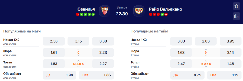 Коэффициенты на матч Севилья - Райо Вальекано