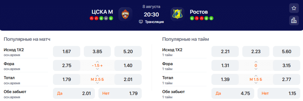 Коэффициенты на матч ЦСКА - Ростов